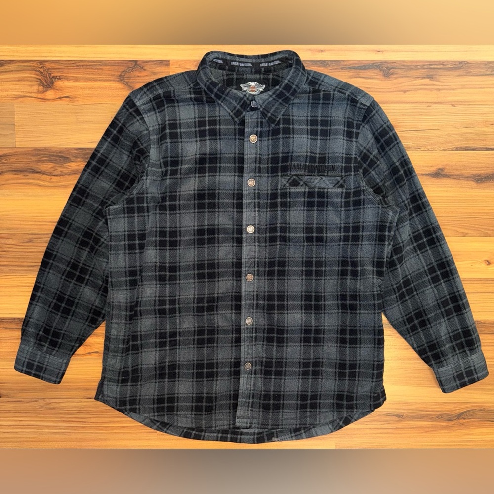 Harley Davidson Fleece Button Up Shirt 2XL Biker Grunge Moto Plaid Workwear